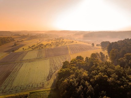 Morgenstimmung mit Nebel und Sonnenaufgang über einer ländlichen Landschaft, Gechingen, Heckengäu,