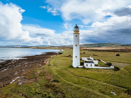 Barns Ness Lighthouse from a drone, Dunbar, East Lothian, Scotland, UK