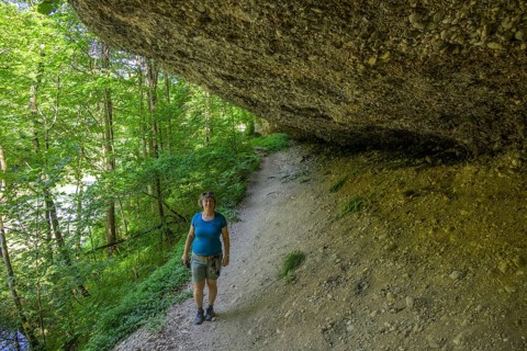 Konglomeratfelsen und Wanderweg im Naturschutzgebiet Steyr Fluss, Molln, Oberösterreich, Österreich