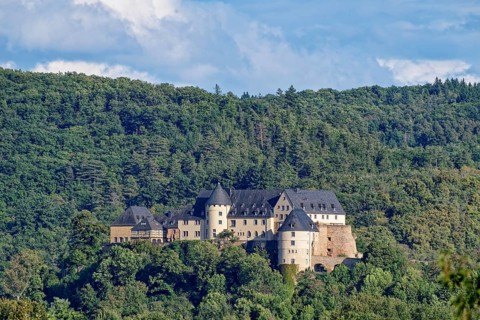 Die Burg Ebernburg, eine Höhenburg am bewaldeten Hang oberhalb von Bad Münster, Landkreis Bad