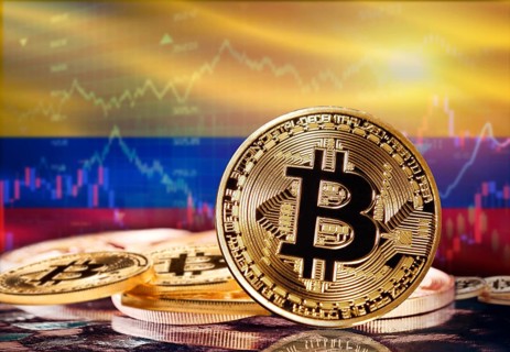 Bitcoin with Colombia flag in the background. Investors in cryptocurrency and Blockchain Technology