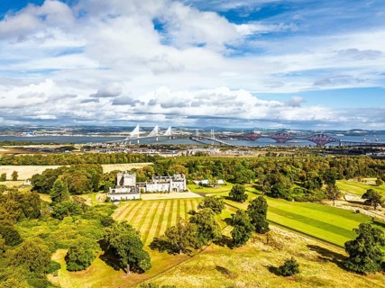 Dundas Castle over South Queensferry from a drone, Edinburgh, Scotland, UK