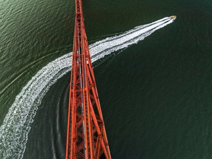 Forth Bridge from a drone, Queensferry Crossing, Forth Estuary, Scotland, United Kingdom