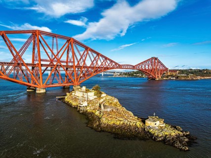 Inch Garvie Castle from a drone, Forth Bridge, Queensferry Crossing, Forth Estuary, Scotland,