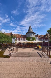 Fachwerkhäuser, Turm, Häuserzeile, Fußgängerbrücke, Holzbrücke, hölzern, Altstadt, historische