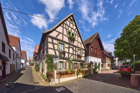 Fußgängerzone, historisches Fachwerkhaus, Gebäude, allgemeine Architektur, Bäume, blauer Himmel,