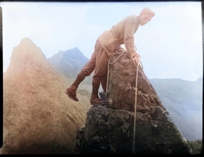 Colourised image of male rock climber thought to be Cuillin mountains, Skye, Scotland, UK c