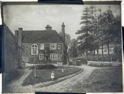 Magic lantern slide of painting girl young girl standing outside large house near a church, rural
