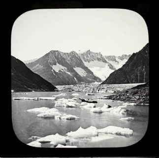 Magic lantern slide of Alpine glacier in Switzerland Le lac de Märjele, Aletschhorn, Märjele Lake,