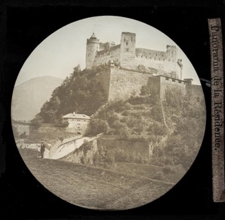 Magic lantern view Hohensalzburg fortress, Panorama de la Résidence, Salzburg, Austria 1868