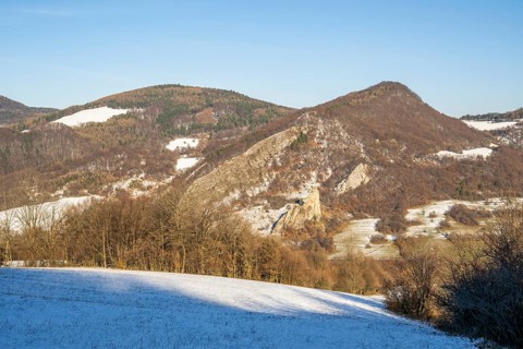 Cervenokamenské cliff (cervenokamenske bradlo), a huge rock at a mountain with bushes, trees and