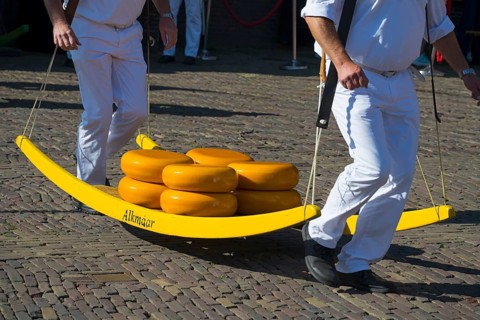 Men in traditional dress carrying yellow cheese wheels at a market, cheese carrier, cheese, cheese