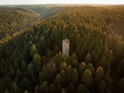 A tower surrounded by densely wooded hills catches the last rays of sunlight in the early evening,
