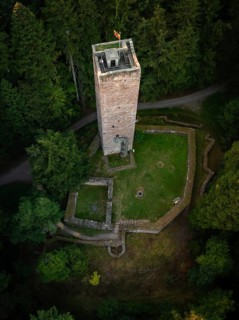 A tower and surrounding ruins hide in the middle of dense forests, seen from above, Mandelberg