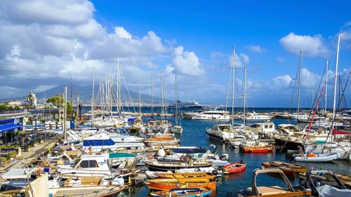 Marina in Naples with Mount Vesuvius in backround, Campania, Italy