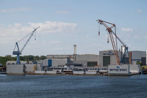 Neptun shipyard with large cranes and industrial buildings, harbour, Warnemünde, Rostock,