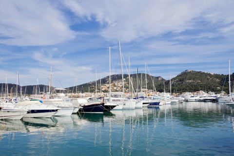 Motorboats and sailing boats in the harbour, Port d'Andratx, Majorca, Balearic Islands, Spain