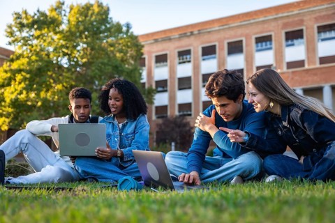 Group of diverse university students sitting on green campus grass, studying together and sharing