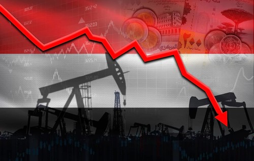 Petroleum crisis with Yemen flag on financial graph. Fall oil price with flag of Yemen on economic