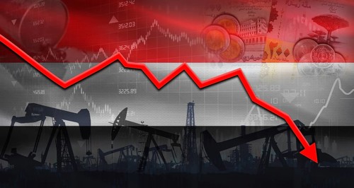 Fall oil price with flag of Yemen on economic chart, Petrol crisis with Yemen flag on financial