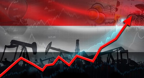 Oil pumps with Yemen flag. Oil production with Yemeni flag, petrol industry