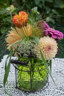 Small bouquet with dahlias, zinnias and grasses, North Rhine-Westphalia, Germany