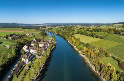 Aerial view, panorama of the former convent of the Dominican nuns St. Katharinental am Rhein near