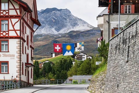 Dorfstrasse Flags Switzerland, Arosa, Graubünden, Arosa, Graubünden, Switzerland