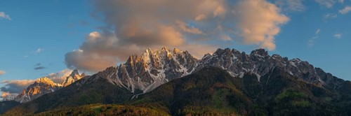 Panoramic view of the local mountains of San Candido in the evening light, Haunold, Birkenkofel,