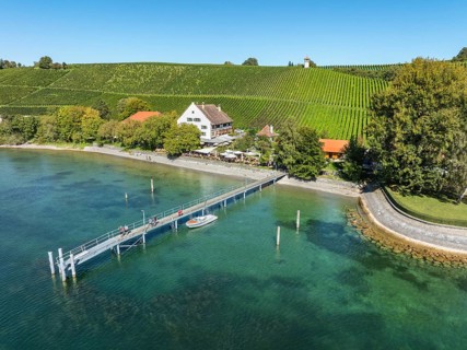 Aerial view of the jetty at the historic Rebgut Haltnau with catering business, outdoor catering