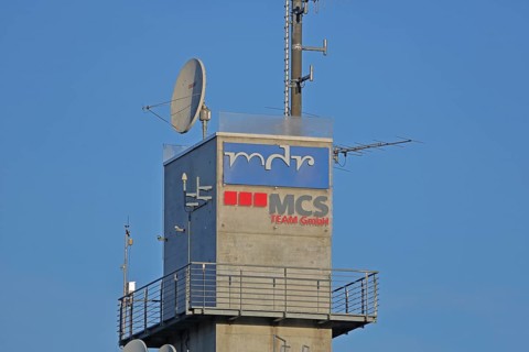Antenna and satellite dish on the roof of the MDR Landesfunkhaus, Central German television