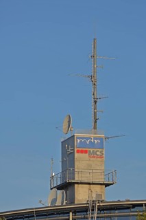 Antenna and satellite dish on the roof of the MDR Landesfunkhaus, Central German television