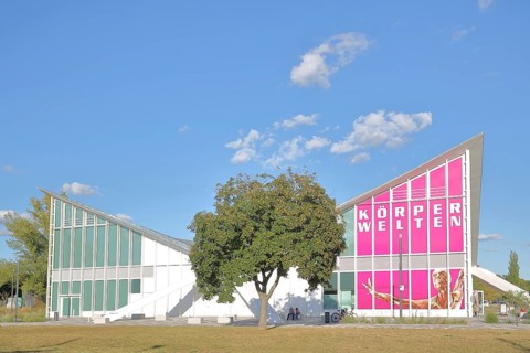 Multipurpose hall Hyparschale, Modern building, Inscription, Body Worlds, Banner, Rotehorn, City