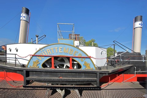 Historic paddle steamer Württemberg ship museum, ship, tugboat, chimneys, inscription, Rotehorn,