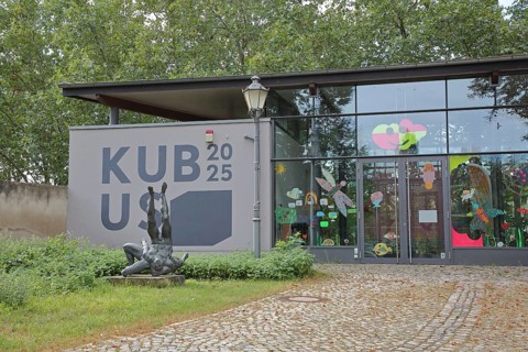 Entrance to the Cube 2025 to the art museum Kloster Unser Lieben Frauen and sculpture Ringergruppe