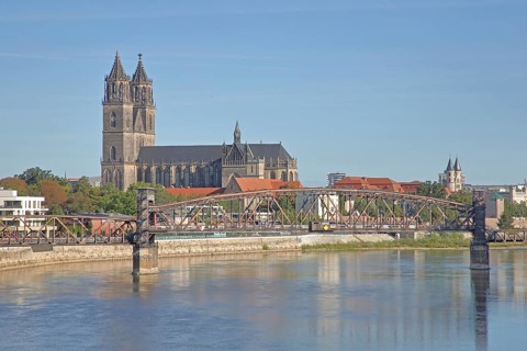 Elbe with lift bridge, Gothic Magdeburg Cathedral of St Mauritius and St Katharina, church,