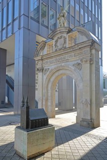 St Catherine's portal built in 1668 with patron saint Catherine of Alexandria and model monument to