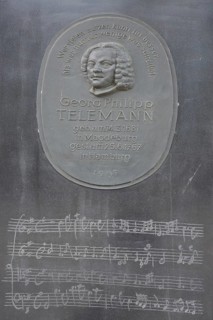 Telemann stele with relief of the composer Georg Philipp Telemann, inscription, bronze, text,