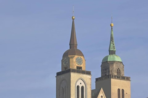 Twin towers of the late Romanesque St John's Church, spires, detail, Magdeburg, Saxony-Anhalt,