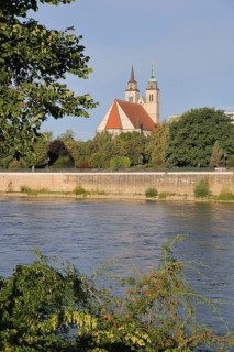 Late Romanesque St John's Church with twin towers and Elbe, Elbe riverbank, Magdeburg,