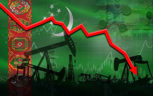 Petrol crisis with Turkmenistan flag on financial graph. Fall oil price with flag of Turkmenistan