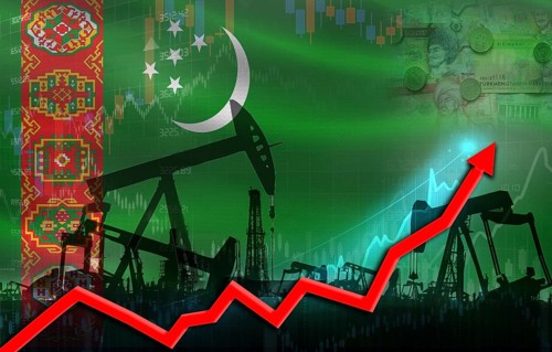 Oil production with Turkmenistan flag, petrol industry. Oil pumps with Turkmen flag