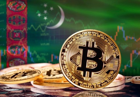 Bitcoin with Turkmenistan flag in the background. Investors in cryptocurrency and Blockchain