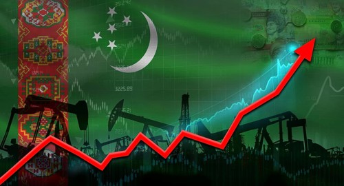 Oil pumps with Turkmenistan flag. Oil production with Turkmen flag, petrol industry
