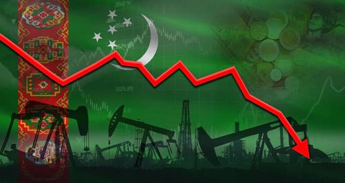 Fall oil price with flag of Turkmenistan on economic chart, Petrol crisis with Turkmenistan flag on