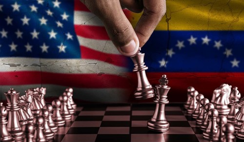 Political tension between Venezuela and USA. Venezuela vs USA flag on chessboard
