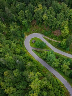 Sharp bend in a road surrounded by dense forest, Black Forest, Seebach, Germany