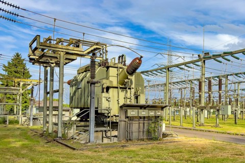 In front large transformer transformer transformer power transformer in transformer station, on the