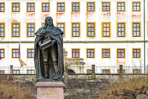 Monument to Ernest the Pious in front of Friedenstein Castle in Gotha, Thuringia, Germany