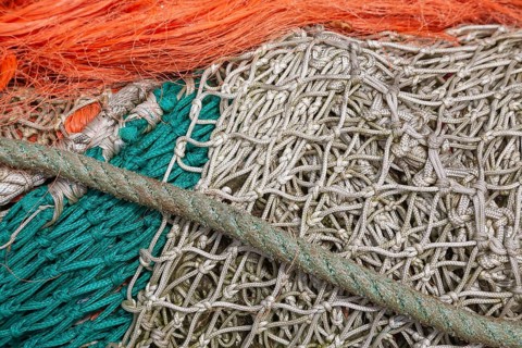 Complex structure of brightly coloured fishing nets and ropes in vivid colours, Greetsiel, East